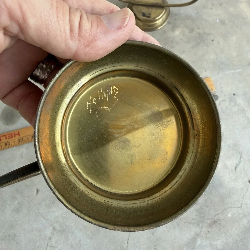 Vtg Dutch Brass Wine Bottle Holder Pair Holland Candle Pricket Oil Lamp Frames